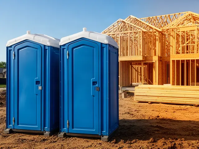 Two blue portable toilets on bare dirt at a residential building site, with the timber frame of a new two-story house and a stack of lumber behind them.
