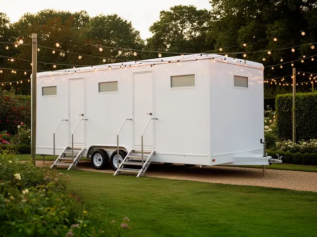 A white restroom trailer with two doors, each reached by short metal steps with handrails, parked on a gravel path in a garden under strings of glowing bistro lights.
