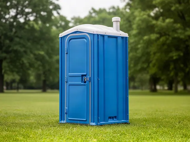 A single blue portable toilet with a white roof and a roof vent pipe, standing on short grass in a park, seen from a three-quarter angle.